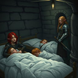 In a dimly lit church basement at night, the middle of the room features three children sleeping peacefully under soft sheets in their beds