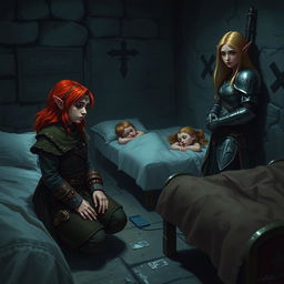 In a dimly lit church basement at night, the middle of the room features three children sleeping peacefully under soft sheets in their beds