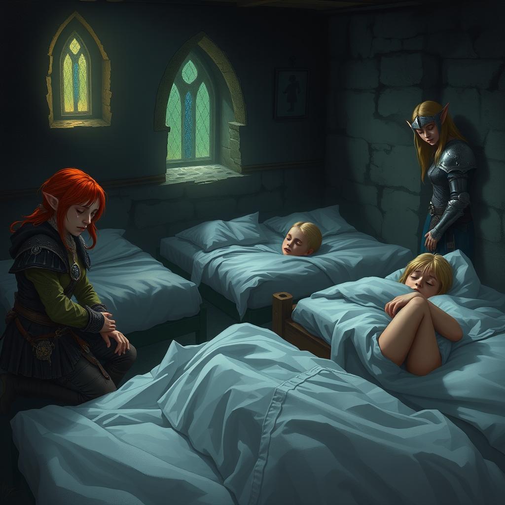 In a dimly lit church basement at night, the middle of the room features three children sleeping peacefully under soft sheets in their beds