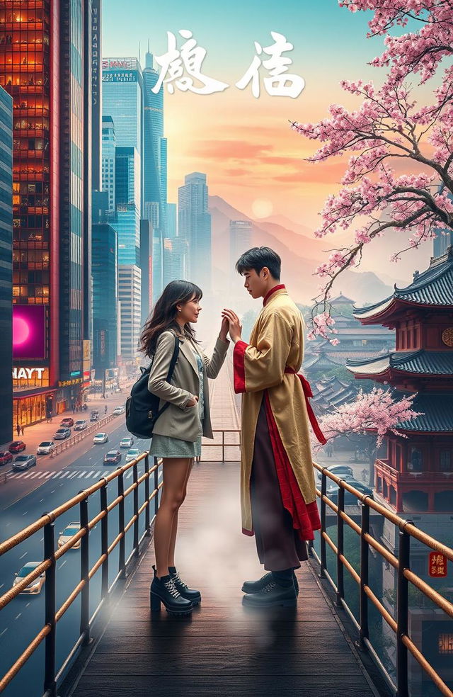 A captivating novel cover depicting a couple standing on a bridge that symbolizes the connection between two worlds