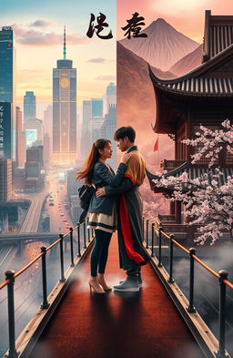 A captivating novel cover depicting a couple standing on a bridge that symbolizes the connection between two worlds