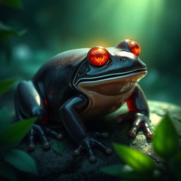 A striking Obsidian Frog, its smooth, dark surface shimmering under a mystical light