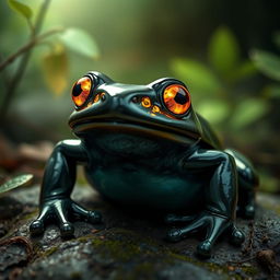 A striking Obsidian Frog, its smooth, dark surface shimmering under a mystical light