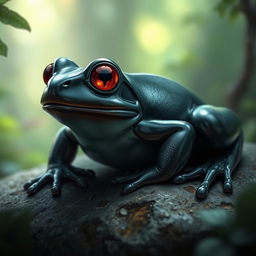 A striking Obsidian Frog, its smooth, dark surface shimmering under a mystical light