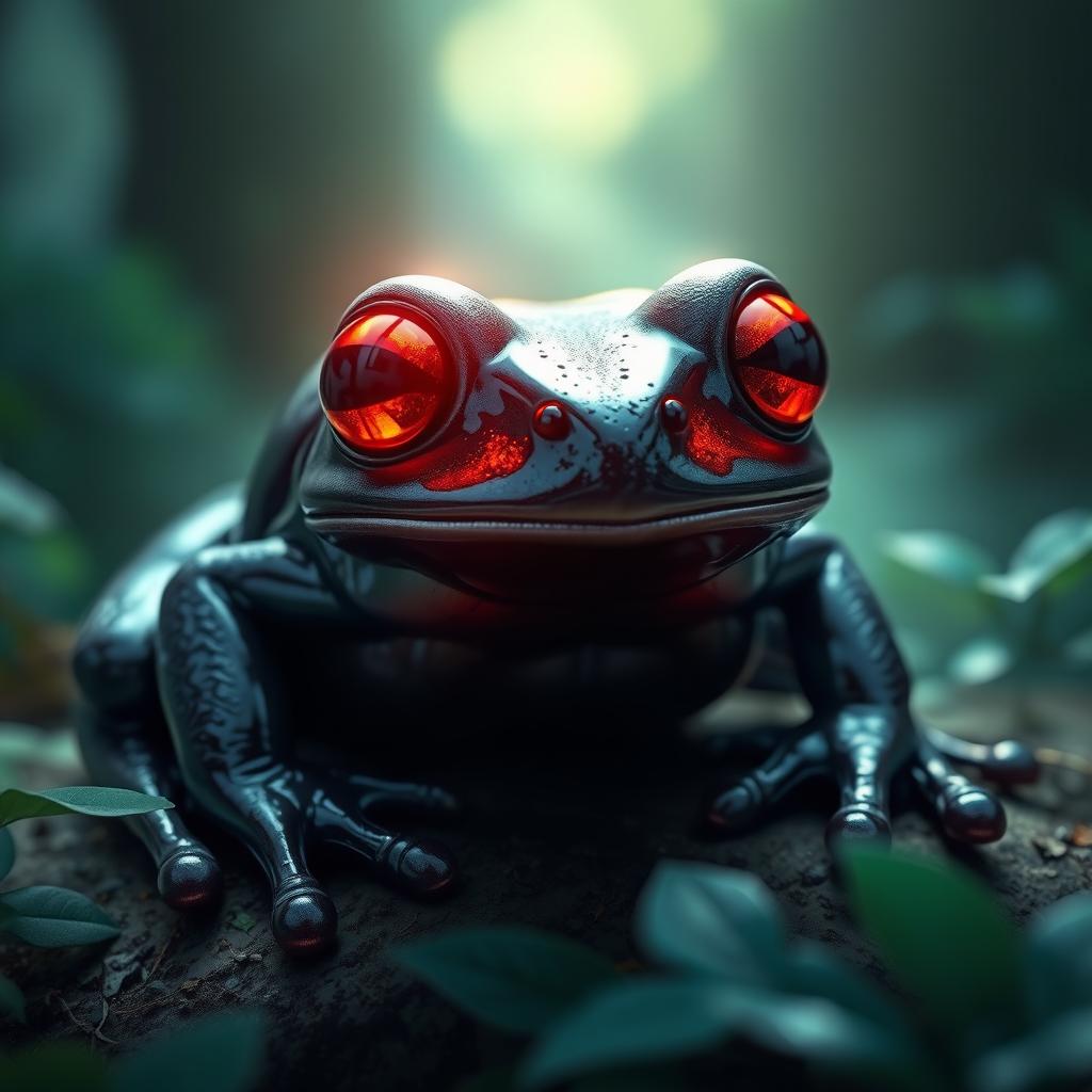 A striking Obsidian Frog, its smooth, dark surface shimmering under a mystical light