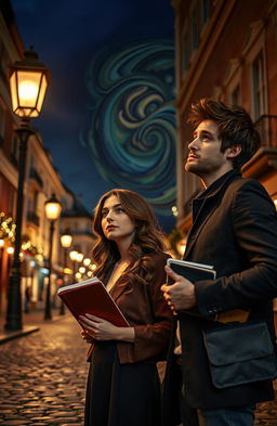 A captivating scene of a city at night, elegant street lamps casting a warm glow on cobblestone streets