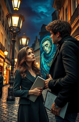 A captivating scene of a city at night, elegant street lamps casting a warm glow on cobblestone streets