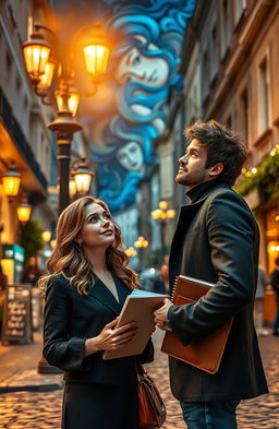 A captivating scene of a city at night, elegant street lamps casting a warm glow on cobblestone streets