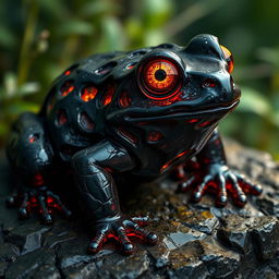 A stunningly detailed rock-like obsidian frog, featuring a glossy black surface that reflects light beautifully, with intricate textures resembling volcanic rock