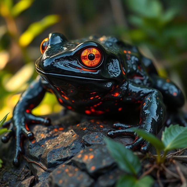 A stunningly detailed rock-like obsidian frog, featuring a glossy black surface that reflects light beautifully, with intricate textures resembling volcanic rock