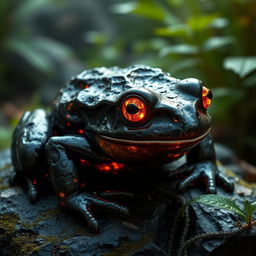 A stunningly detailed rock-like obsidian frog, featuring a glossy black surface that reflects light beautifully, with intricate textures resembling volcanic rock