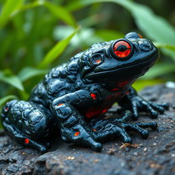 A stunningly detailed rock-like obsidian frog, featuring a glossy black surface that reflects light beautifully, with intricate textures resembling volcanic rock