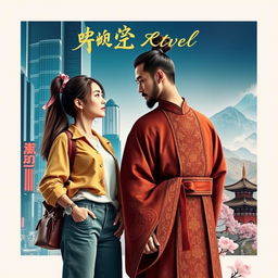 A striking novel cover featuring a couple from two modern worlds, depicted in a blended setting that captures their contrasting styles