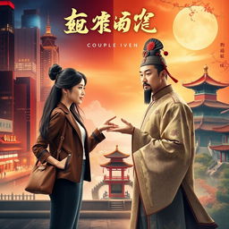 A visually striking novel cover showcasing a couple from two modern worlds, featuring a woman with youthful energy and a man embodying ancient Chinese traditions