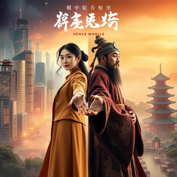 A visually striking novel cover showcasing a couple from two modern worlds, featuring a woman with youthful energy and a man embodying ancient Chinese traditions
