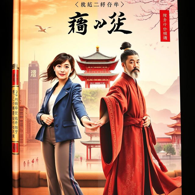 A visually striking novel cover showcasing a couple from two modern worlds, featuring a woman with youthful energy and a man embodying ancient Chinese traditions