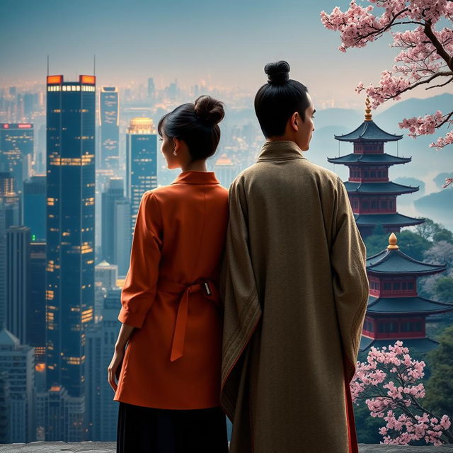 A novel cover featuring the back of a couple showcasing their contrasting worlds