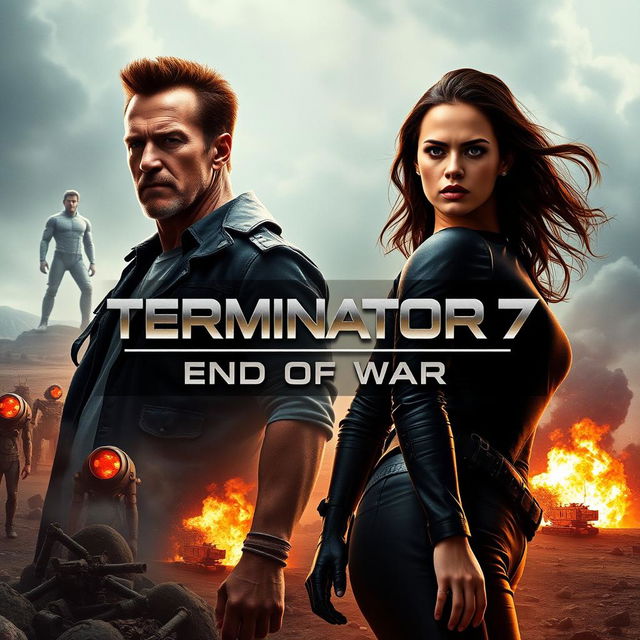 A teaser poster concept for 'TERMINATOR 7: End Of War' (2025) featuring Arnold Schwarzenegger and Jenna Ortega