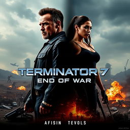 A teaser poster concept for 'TERMINATOR 7: End Of War' (2025) featuring Arnold Schwarzenegger and Jenna Ortega