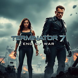A teaser poster concept for 'TERMINATOR 7: End Of War' (2025) featuring Arnold Schwarzenegger and Jenna Ortega