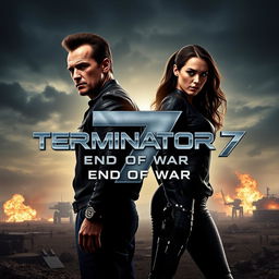 A teaser poster concept for 'TERMINATOR 7: End Of War' (2025) featuring Arnold Schwarzenegger and Jenna Ortega