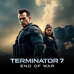A teaser poster for 'TERMINATOR 7: End Of War' (2025) featuring Arnold Schwarzenegger and Jenna Ortega