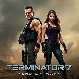 A teaser poster for 'TERMINATOR 7: End Of War' (2025) featuring Arnold Schwarzenegger and Jenna Ortega