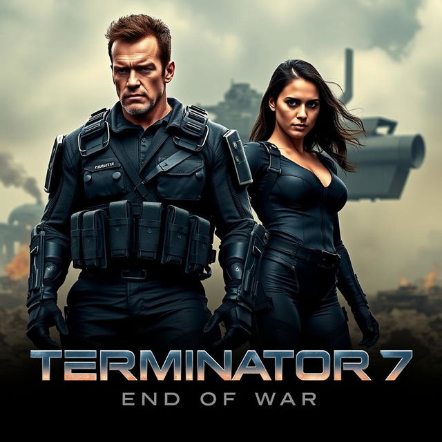 A teaser poster for 'TERMINATOR 7: End Of War' (2025) featuring Arnold Schwarzenegger and Jenna Ortega