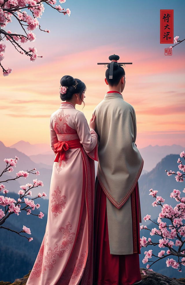 A captivating novel cover featuring a woman and a man from ancient Chinese culture, depicted from the back