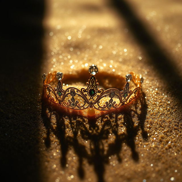 A close-up view of a delicate diadem partially buried in shimmering golden sands, with intricate patterns and gemstones adorning it