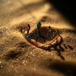 A close-up view of a delicate diadem partially buried in shimmering golden sands, with intricate patterns and gemstones adorning it
