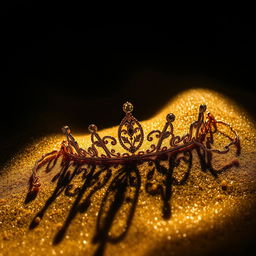 A close-up view of a delicate diadem partially buried in shimmering golden sands, with intricate patterns and gemstones adorning it