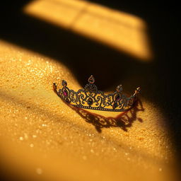 A close-up view of a delicate diadem partially buried in shimmering golden sands, with intricate patterns and gemstones adorning it