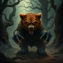 A wild brown bear with an evil, menacing expression, enhanced with fantastical elements such as glowing red eyes and sharp, elongated claws