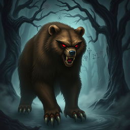 A wild brown bear with an evil, menacing expression, enhanced with fantastical elements such as glowing red eyes and sharp, elongated claws