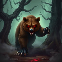 A wild brown bear with an evil, menacing expression, enhanced with fantastical elements such as glowing red eyes and sharp, elongated claws