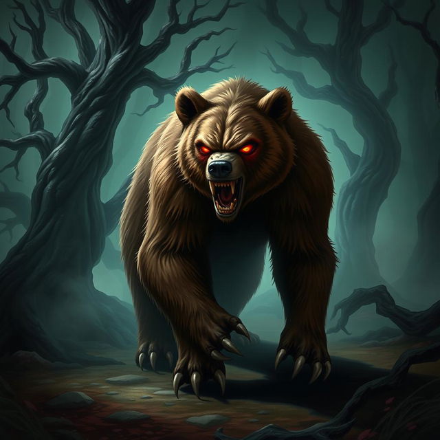 A wild brown bear with an evil, menacing expression, enhanced with fantastical elements such as glowing red eyes and sharp, elongated claws