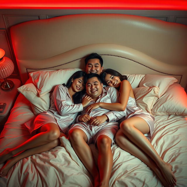 An intimate nighttime scene in a luxurious bedroom where a Chinese man is lying comfortably, embracing two beautiful, sexy women in fashionable pajamas