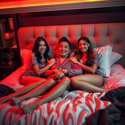 An intimate nighttime scene in a luxurious bedroom where a Chinese man is lying comfortably, embracing two beautiful, sexy women in fashionable pajamas