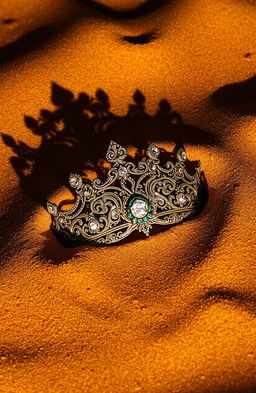 A mystical diadem partially buried in golden sand, with intricate designs and sparkling gemstones