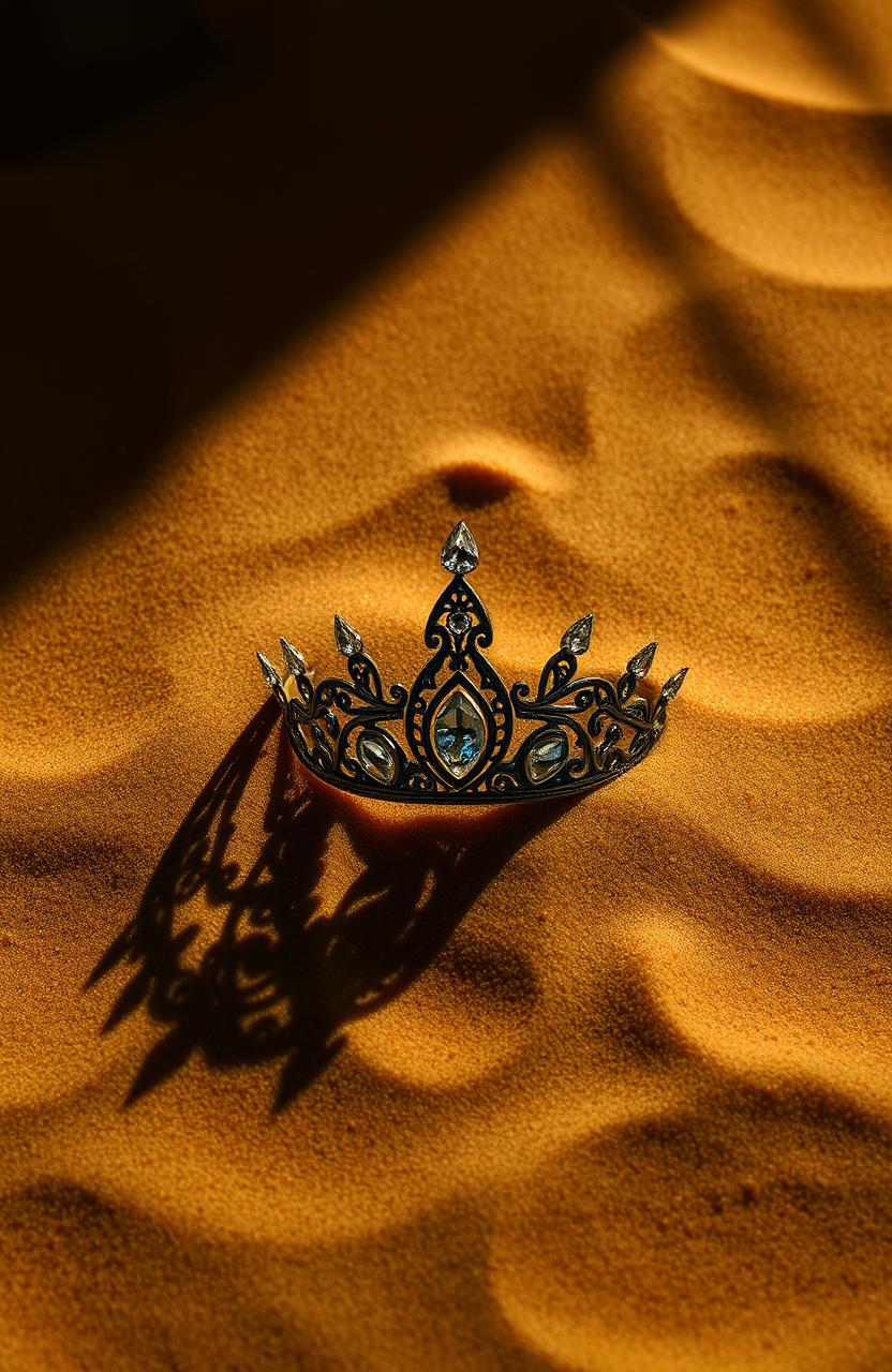 A mystical diadem partially buried in golden sand, with intricate designs and sparkling gemstones