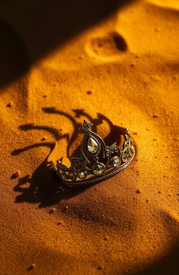 A mystical diadem partially buried in golden sand, with intricate designs and sparkling gemstones
