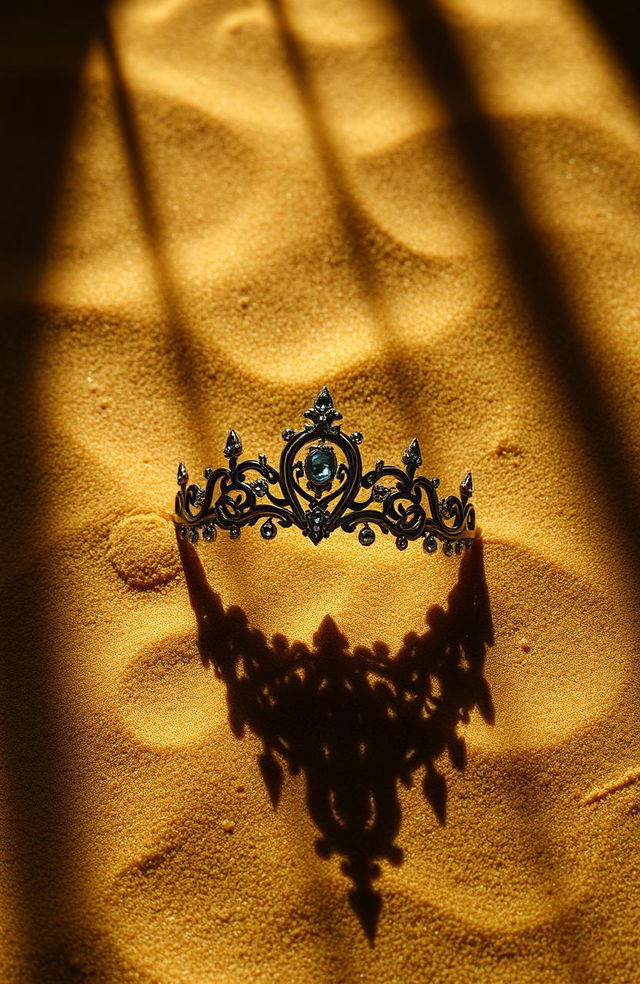 A mystical diadem partially buried in golden sand, with intricate designs and sparkling gemstones