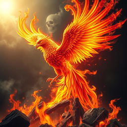 A breathtaking and original depiction of a phoenix rising majestically from the ashes, encircled by vibrant flames