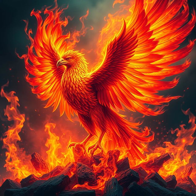 A breathtaking and original depiction of a phoenix rising majestically from the ashes, encircled by vibrant flames