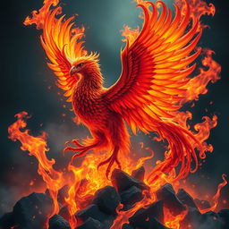 A breathtaking and original depiction of a phoenix rising majestically from the ashes, encircled by vibrant flames