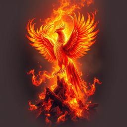 A breathtaking and original depiction of a phoenix rising majestically from the ashes, encircled by vibrant flames