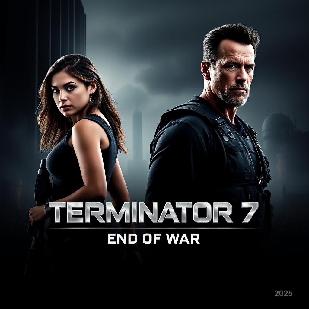 A teaser poster for 'TERMINATOR 7: End Of War' (2025) featuring Jenna Ortega and Arnold Schwarzenegger