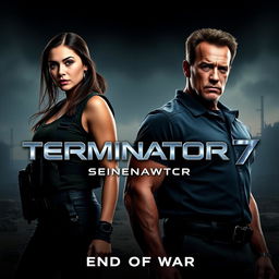 A teaser poster for 'TERMINATOR 7: End Of War' (2025) featuring Jenna Ortega and Arnold Schwarzenegger
