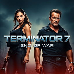 A teaser poster for 'TERMINATOR 7: End Of War' (2025) featuring Jenna Ortega and Arnold Schwarzenegger